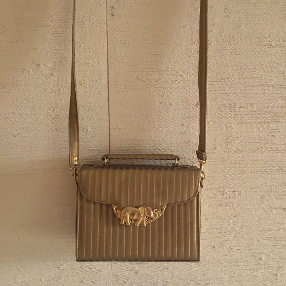 Vintage Elephant Embosed Gold Satin Handbag Crossbody - Picture 2 of 7